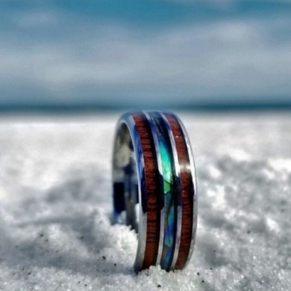 NEW Tungsten Hawaiian Koa Wood Blue Abalone ring - Picture 5 of 7